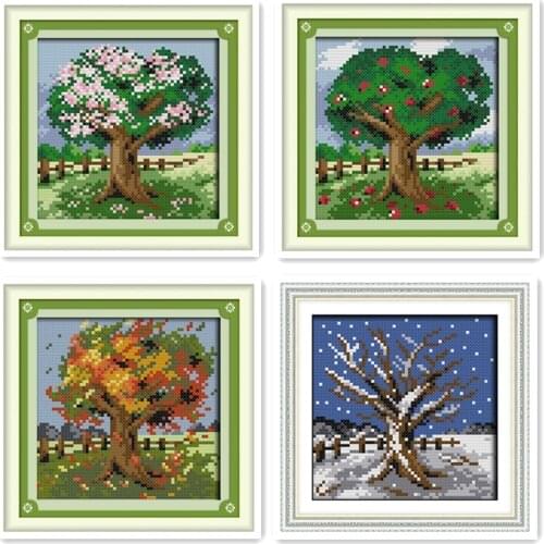 Punto de Cruz DIY de punto de cruz,Conjuntos Para El Bordado,Four seasons, trees, spring, summer, autumn and winter Embroidery