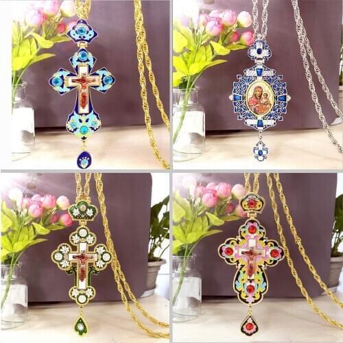 Religious Jesus Cross Pendant Necklace Long Chain Christian Orthodox Pectoral Enamel Colorful Oil Virgin Mary Priest Church