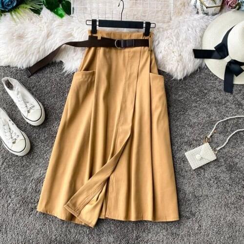 Richkeda Store New2021 Spring Summer Skirts Womens High Waist A-line Irregular Elegant Long Skirt Female With Belt Casual Pocket