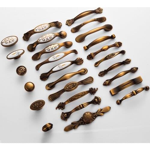European style retro cabinet door handle yellow bronze wardrobe cabinet drawer door handle modern antique single hole