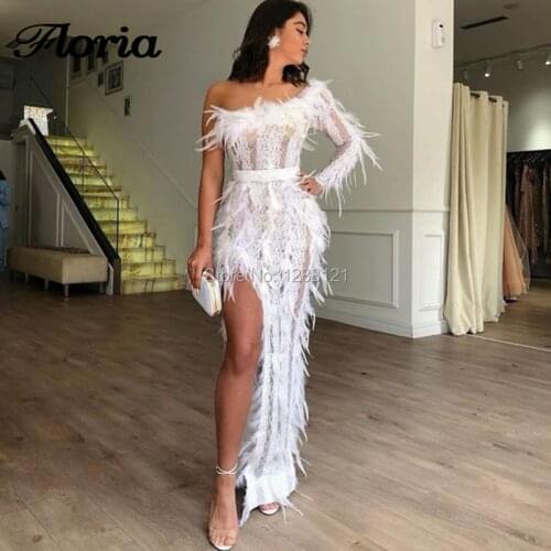 Sexy High Split Side White Evening Dresses Feathers 2020 Vestido De Festa Off The Shoulder Party Gown African Dubai Prom Dress