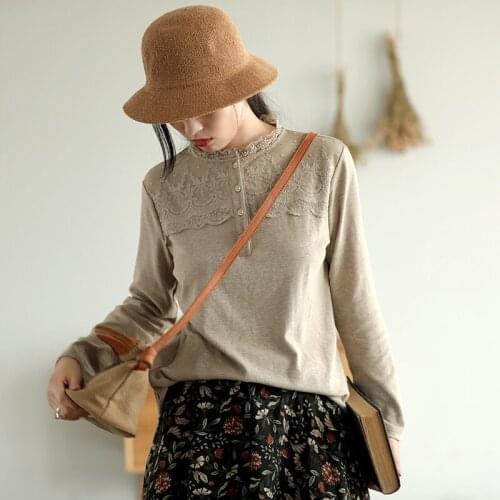 Lamtrip Unique Lolita Lace Patchwork Ruffled Collar Cotton Long Sleeve T-Shirt Tee Women Autumn Winter