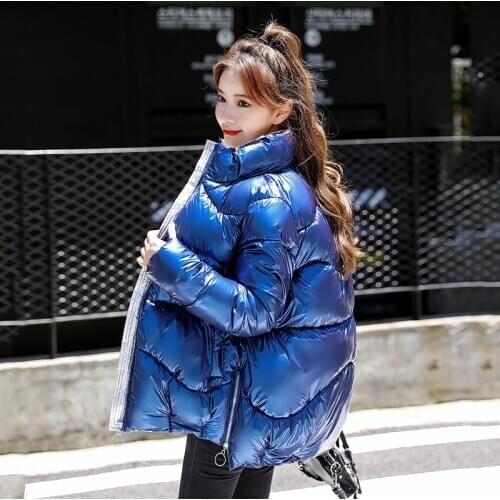 Korean Style Womens Winter Jacket Short Style Oversized Parkas Female Loose Solid Glossy Plus Size Stand Collar Thick Coats