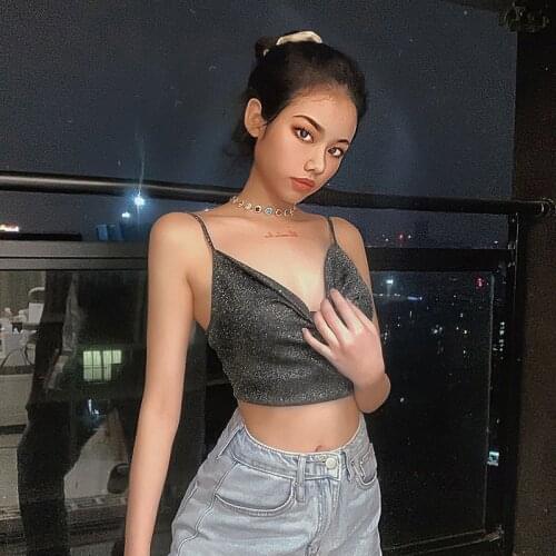 Women Sequined Shiny Cropped Tank Tops 2021 Summer Spaghetti Strap Low Cut Vintage Crop Top Club Sexy Camis Female