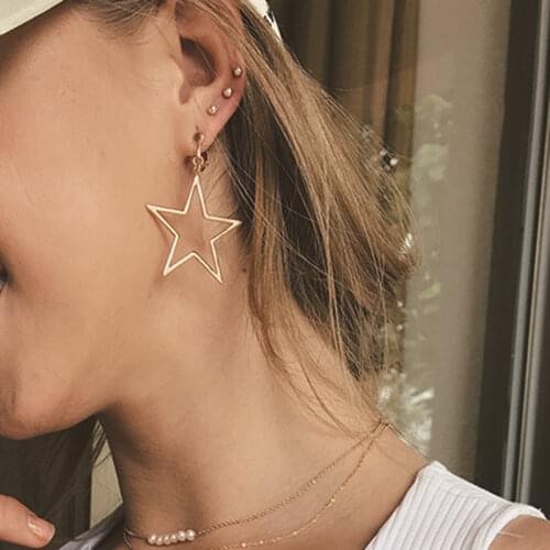 Korean Fashion Gold Sliver Big Hollow Star Dangle Earrings for Women Girl Simple Statement Long Drop Earrings Gift