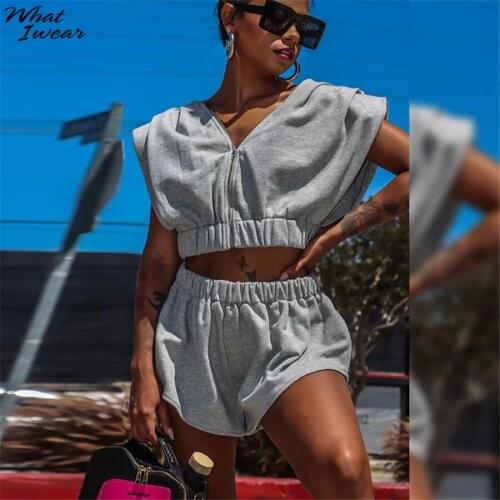 Whatiwear Y2K Harajuku Oversized Cotton Two Piece Set Women Short Sleeveless Zipper Top+Sexy Stretchy Waist Casualware Outfit