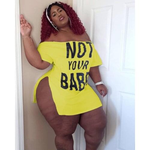 2021 summer womens plus size sexy mini skirt home casual one-word collar letter printed split dress