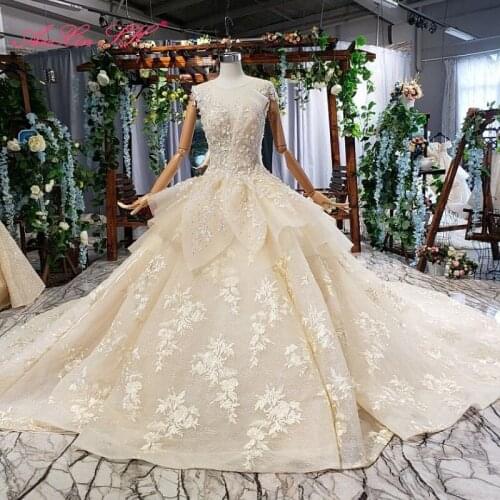 AnXin SH Luxury princess rose flower champagne lace o neck beading crystal white sparkly bride wedding dress 100% real photo