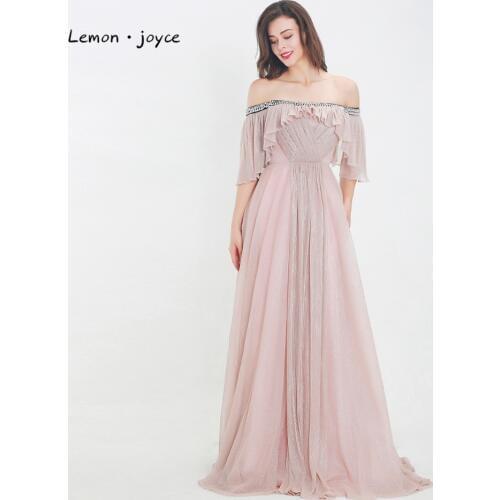Lemon joyce Pink Evening Dresses 2020 Formal Boat Neck Simple A-line Floor Length Prom Party Gowns Plus Size robe de soiree