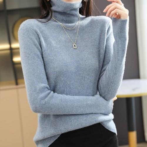 100%Merino Wool Turtleneck Sweater Women 2021 Autumn Winter Warm Soft knitted Pullover Femme Jumper Women Loose Cashmere Sweater