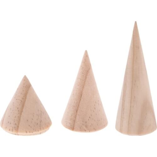 3Pcs Natural Unpainted Plain Wooden Cone Finger Ring Bearer Jewelry Display Holder DIY Home Decor