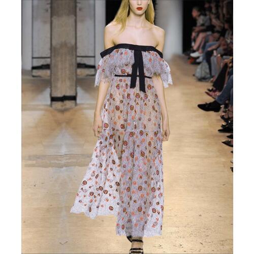 Bohemian Floral Print Lace Beach Dress 2018 Sexy Strapless Summer Dress Sash Neck Vestidos Maxi Dresses Women Clothing