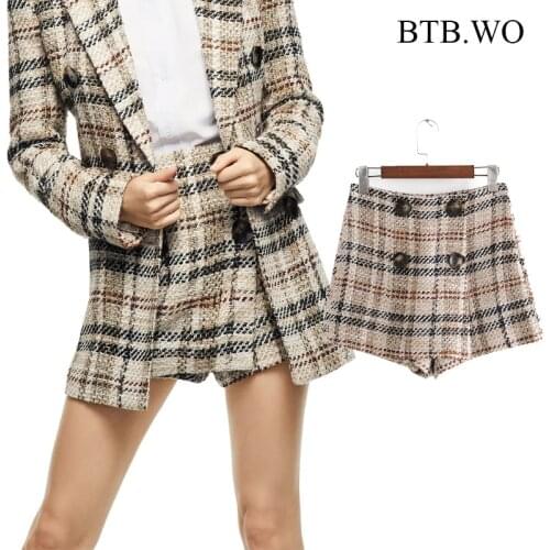 BTB.WO Za Women Vintage Plaid Metal Office Wear Tweed Bermuda Shorts Female Tweed High Waist Casual Female Short Pants Mujer