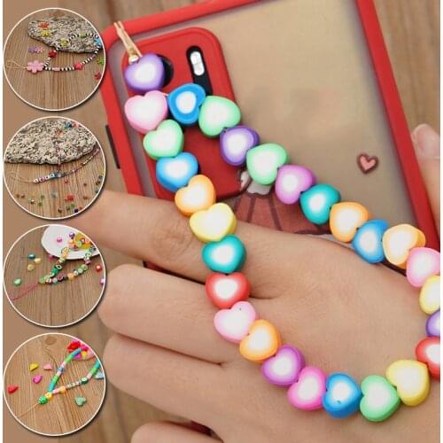 Colorful Beads Phone Chain Cute Heart Bead Strap Lanyard U Disk Work Card Mobile Cell Chains phone Hang Rope Jewelry