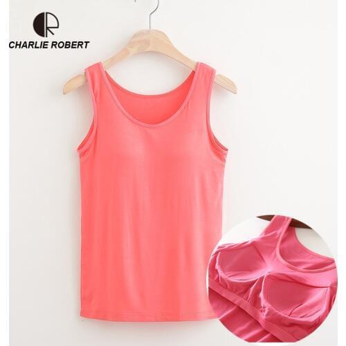 CR NEW 2018 Summer Women Modal Tank Tops Built In Bra Padded Bra Casual Tops Soft Plus Size Drop Shipping