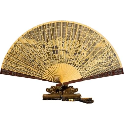 Suzhou Sandalwood Fan Hollow Wooden Ebony Chinese Style Fan Folding Fan Ancient Style Craft Gift Portable Female