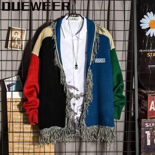 Dueweer Mens Cardigan Sweaters Patchwork Autumn Winter Harajuku Personality Matching Sweater Japanese Tassel Cardigans Jackets