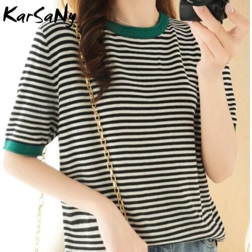 KarSaNy Womens Summer Striped T-shirt Oversize Femme Cotton Top Tee Knitted Tshirt Femme 2021 Short Sleeve T-shirts For Women