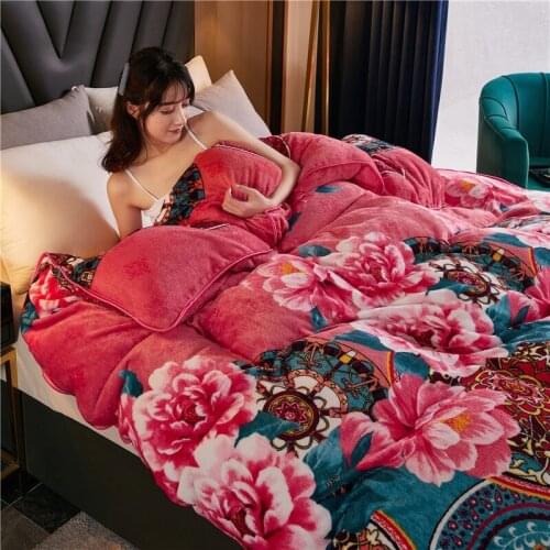 WOSTAR Winter warm crystal velvet bedding set home wedding double bed duvet cover set soft cozy peony flower printed quilt cover