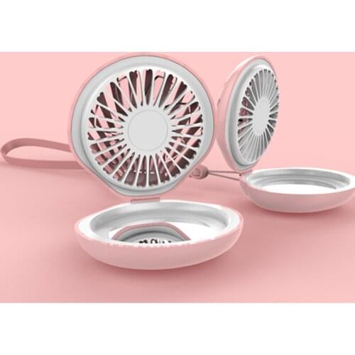 Mini portable USB charging fan with makeup mirror fan with colorful atmosphere light with 800Mah battery with lanyard