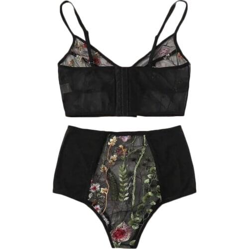 Fashion Women V-Neck Floral Embroidered Lace Lingerie Set Black Underwear S-2XL Lingerie Sexy Hot Erotic Porno Costumi #4M05