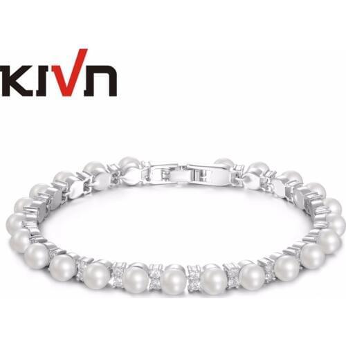 KIVN Fashion Jewelry Simulated Pearl CZ Cubic Zirconia Bridal Wedding Bangle bracelets for Women Girls Promotion Birthday Gifts