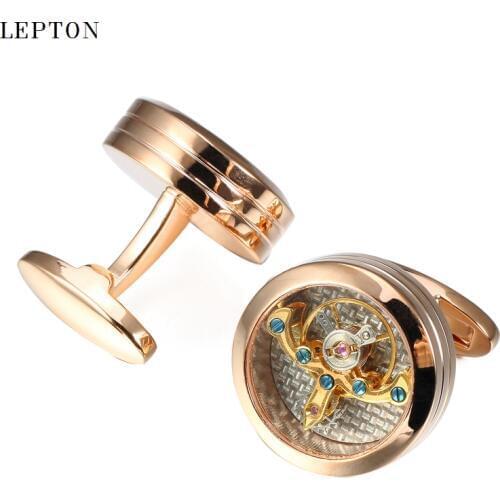 Lepton Gold Color Tourbillon Movement Cufflinks For Mens Wedding Groom Watch Steampunk Gear Mechanism Cuff links Relojes gemelos