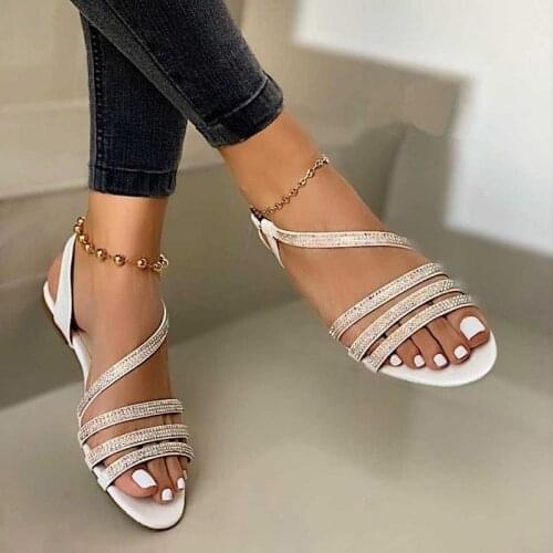 2020 New Summer Womens Sandals Casual Ladies Flat Shoes Rhinestones Bling Comfort Cross Slip On Woman Sandalias Female Footwea
