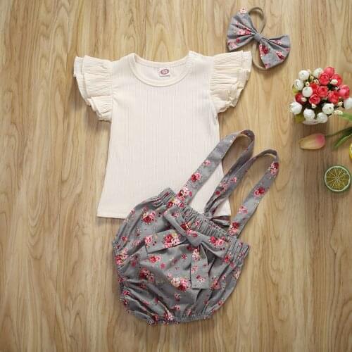 Baby Girls Outfit Short Sleeve Knit T-shirt Floral Printing Suspender Shorts Bow Headwear Toddler 3Pcs Suit