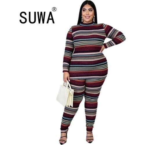 Wholesale Plus Size Clothing Classic Striped Patchwork Tracksuit Women Two Piece Set Long Sleeve T-Shirt Top + Jogger Sweatpants