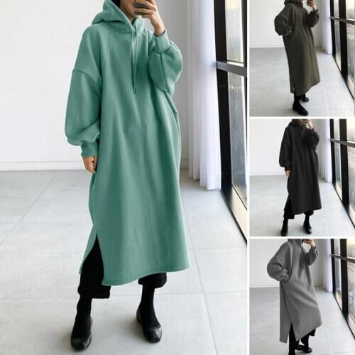 Autumn Sweatshirt Dress 2021 ZANZEA Fashion Women Hoodies Long Sleeve Sundress Casual Hooded Solid Loose Vestido Long Pullover 7