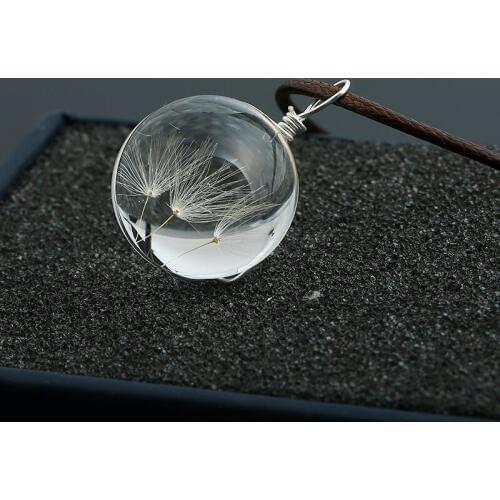 Real Dried Dandelion Pendant Necklace Glass Ball Plant flower Crystal feather Long Strip Leather rope Chain Gift Collier Femme
