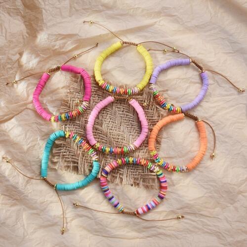 Recyclable Polymer Clay Disc Beads Waxed String Bracelets Women Boho Mixed Color Popular Wristband Jewelry