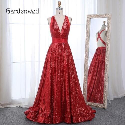 Gardenwed Sexy Red Evening Dresses Long Sparkly V Neck Halter Criss-Cross Sequin A Line Woman Formal Gowns