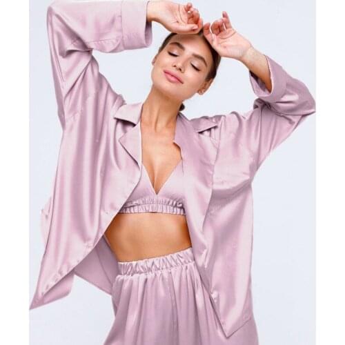 Solid Loose Female Pajamas Satin Turndown Collar Long Sleeve Pocket 2 Piece Set Pants Homewear Silk Sleepwear Suits