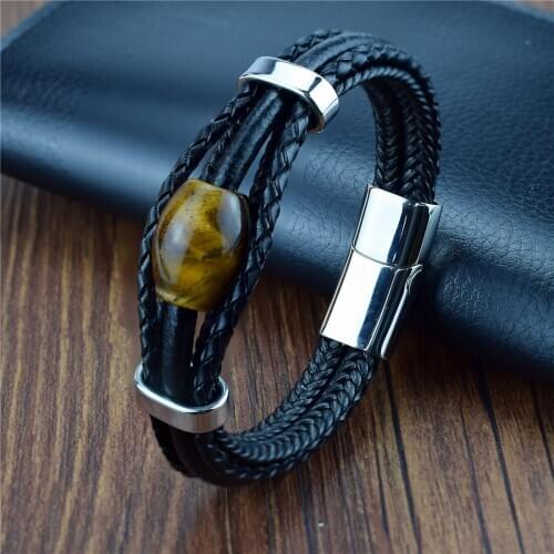 Braided Wrap Leather Bracelets for Men Vintage Tiger Eyes Stone Charm Stainless Steel Men Beads Ethnic Tribal Wristband