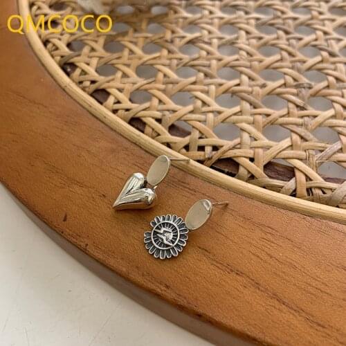 QMCOCO 925 Silver Stud Heart-Shape Earrings For Women Tredny Elegant Sweet Flowers Design Woman Party Jewelry Gifts