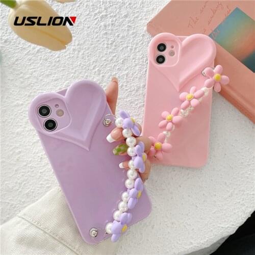 USLION Luxury Love Heart Phone Case For iPhone 12 Pro Max 11Pro max XS XR 7 8 Plus Solid Color Chain Wrist Bracelet Case Cover