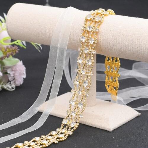 ZMS414 Wedding Belts Golden Silver Rhinestone Wedding Dress Belt Handmade Diamaond Belt Formal Bridal Ribbon Sash Belt for Hair