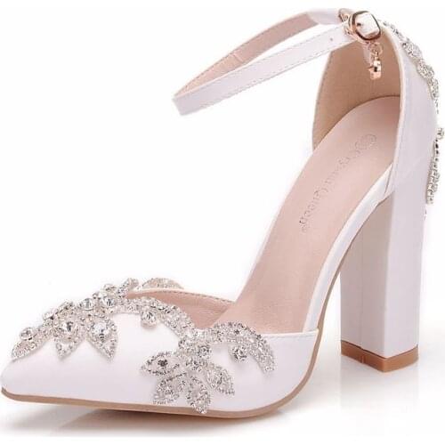 Women sandals wedding Party banquet Lace PU Rhinestones Buckle Strap 10.5CM Thick High Heels Pointed Toe sandal women shoes