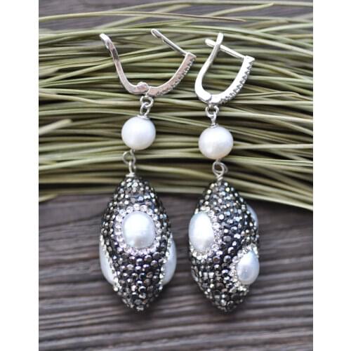 P7664 30mm White Shuttle & Round Pearl Dangle Earring CZ 925SC