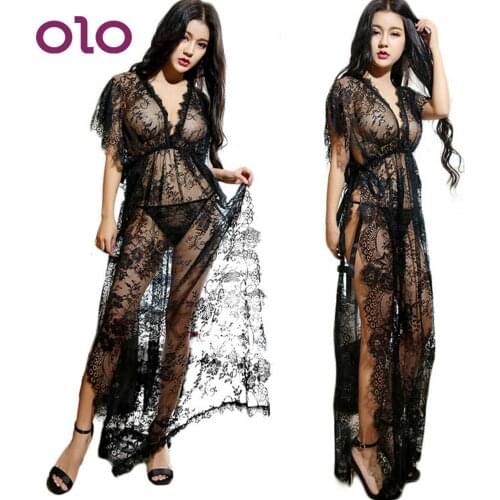 OLO Deep V-Neck Sexy Lingerie Black Lace Robe+T-Thongs Long Dress Sleepwear Side Slit Exotic Apparel Erotic Lingerie