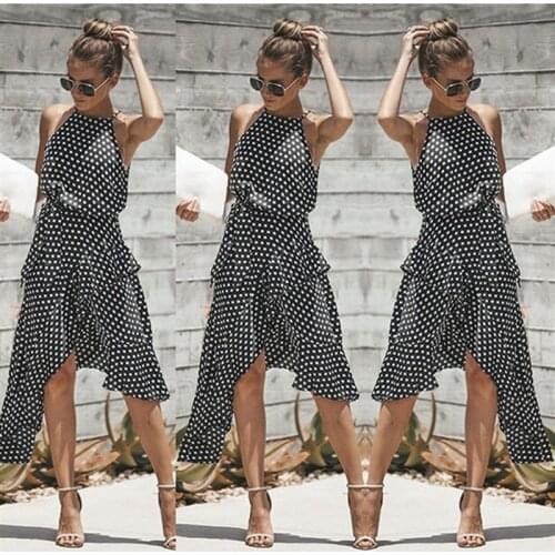 Vintage Women Polka Dot Dresses Summer Ruffles Halter Irregular Lace Up Dress Sleeveless Dresses For Female Vestidos