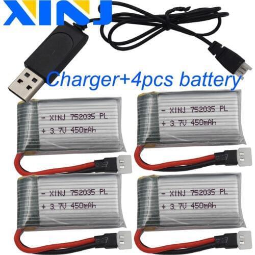 XINJ 4pcs+charger 3.7V 450mAh 25C Rechargeable Lithium-Polymer Li-po battery 752035 for DFD F182 F183 H8C RC Quadcopter Drone