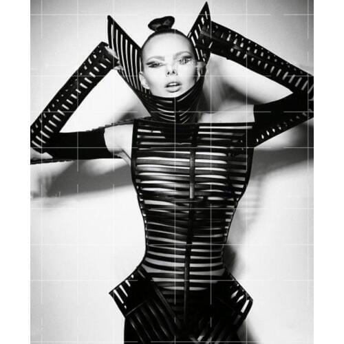 Women Party Fashion Week T-Show Female Model Catwalk costume Artwear white black silver gogo show stage clothing