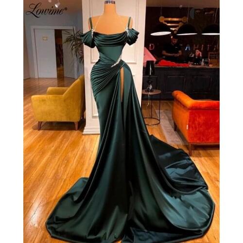Lowime Dark Green Long Evening Dresses Elegant Satin Dubai Women Party Dress Middle East Mermaid Crystals Pearls Prom Dress Robe