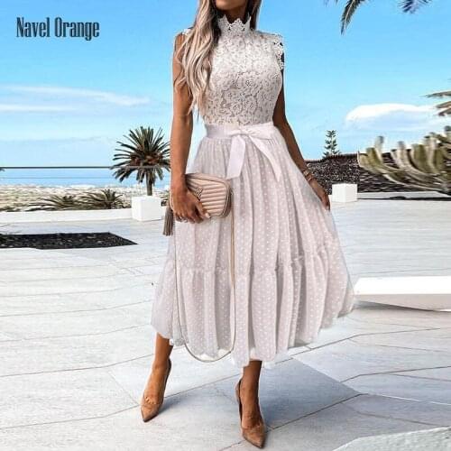 2021 Summer Women Turtleneck Lace Party Dress Sexy Sleeveless Dot Printing Zipper Ladies Dress Elegant Streetwear Dropshipping