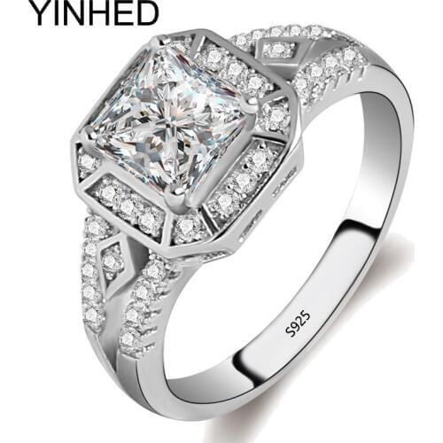 YINHED Princess Square Cubic Zircon Wedding Rings for Women Real 925 Sterling Silver Jewelry CZ Daimond Engagement Ring ZR353