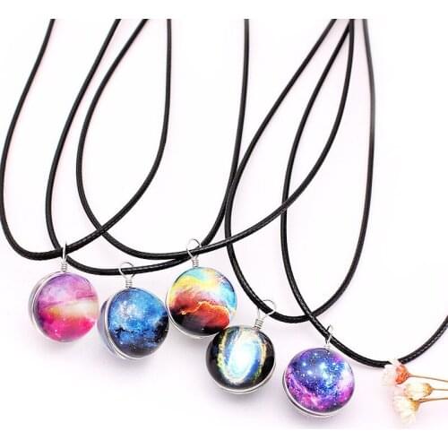 1Pcs Vintage Colorful Leather Rope Galaxy Planet Star Glass Ball Pendant Duplex Planet Crystal Stars Ball Women Necklace