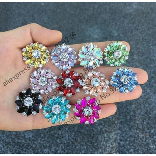 6pcs/lot 25mm colorful flower decorative button red yellow blue green black white AB glass crystal rhinestone metal button sewon